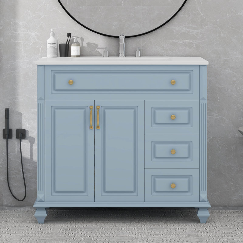 Meuble-lavabo 36 po avec lavabo, tiroir rabattable, 3 tiroirs et 2 portes, Bleu gris / or