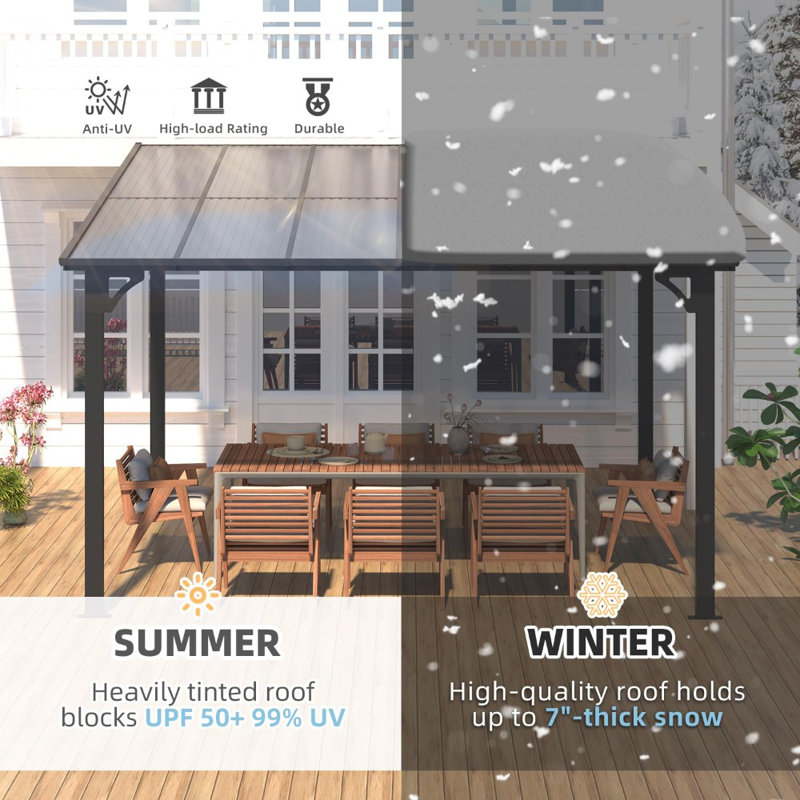 Large Hard Top Lean To Metal Gazebo With Patio Roof, 96" H x 144" W x 120" D