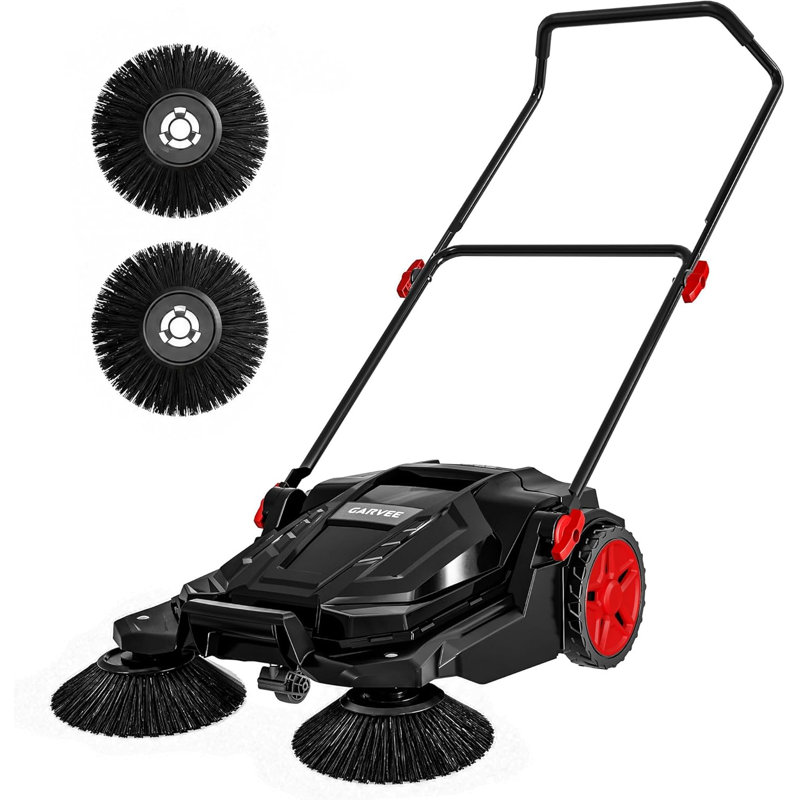 Balayeuse manuelle à pédale de 25,6 po de largeur, non électrique, avec bac à débris de 5 gallons, poignée pliable réglable, balai multi-surfaces pour patio, cour, garage, allée, allée et atelier