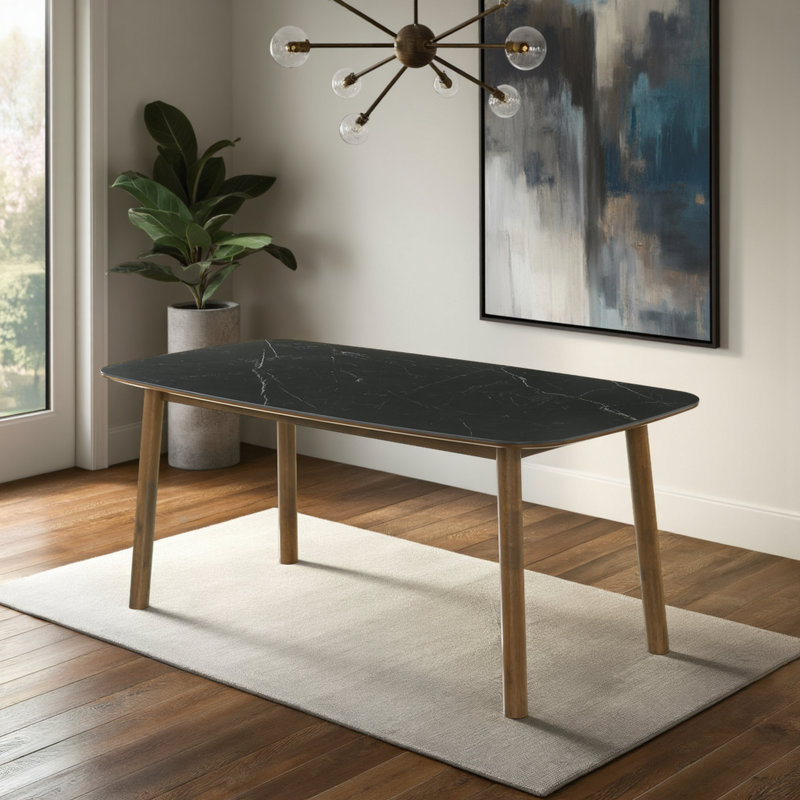 Caviness Mid-Century Table de salle à manger rectangulaire en bois au fini noyer avec plateau en pierre frittée