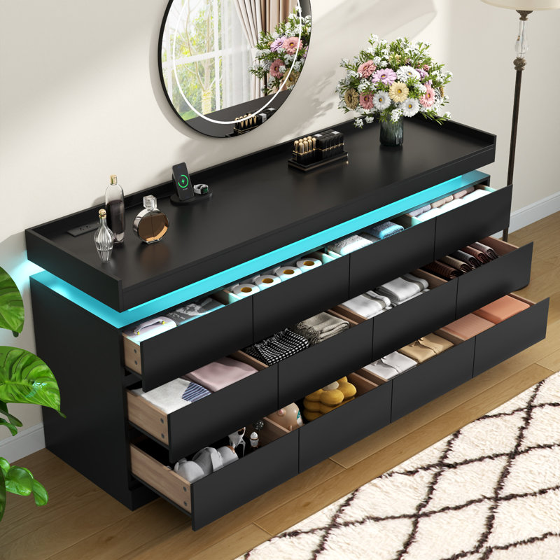 Commode 12 tiroirs pour chambre à coucher avec prise de courant, lumière DEL, Noir, noir, noir, noir