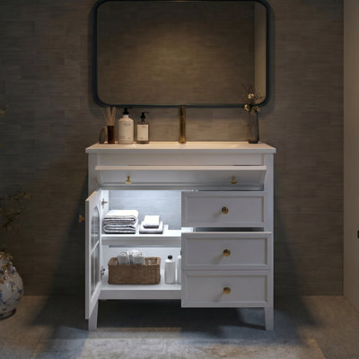 Ensemble de meuble-lavabo autoportant 36 po avec verre à motif et éclairage à capteur de mouvement, style Mid-Century moderne, 36 po, vert / bleu / blanc