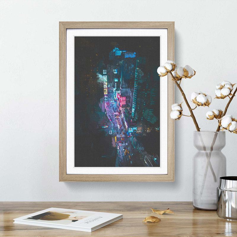 Looking at Times Square in New York in Abstract - Picture Frame Graphic Art Print, Oak, 76cm H x 50cm W x 2cm D
