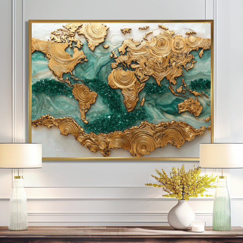 Emerald Crystals World Map Wood Slide I - Art mural carte du monde, H 34 po x l 44 po, Impression encadrée flottante, Doré