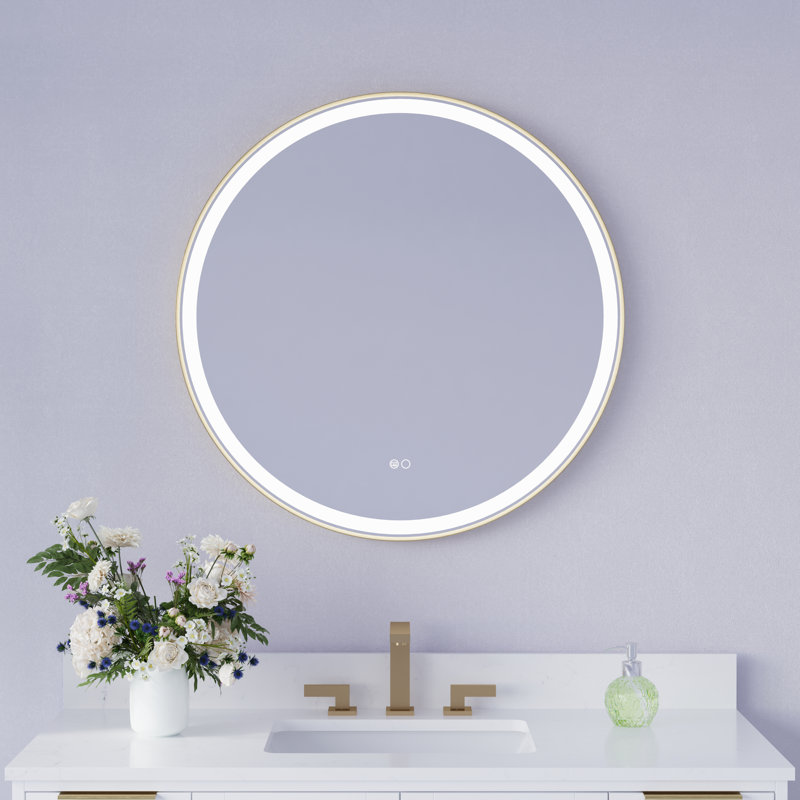 Lainy  Wall Mounted Bathroom Framed LED Mirror With Memory Function, 32" x 32", Brushed Gold