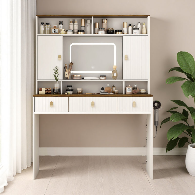 Table de maquillage Farmhouse, coiffeuse de 43 po de largeur avec miroir éclairé et tiroir de maquillage, grande coiffeuse moderne avec porte-séchoir pour chambre à coucher