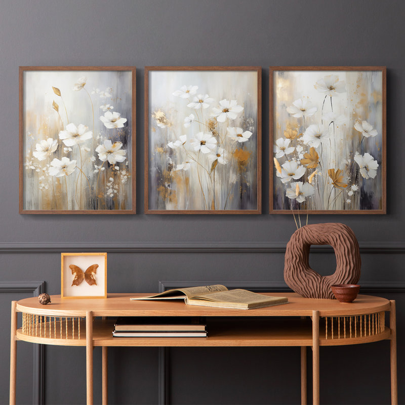 Floral Study Series XCVI -Set de 3 estampes numériques giclées -Prêt à accrocher, Cadre noyer, H 20 po x l 16 po