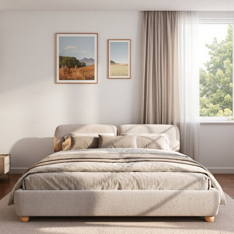 Lit plateforme tapissier avec tête de lit épaisse incurvée et pieds arrondis en bois d'hévéa, Taupe