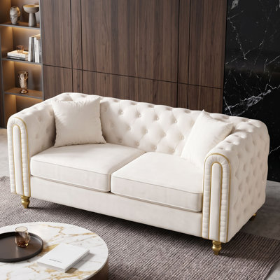 63" Modern Chesterfield Velvet Loveseat, Button Tufted 2-Seater Sofa with Solid Wood Frame, Gold Trim & 2 Pillows, Cream