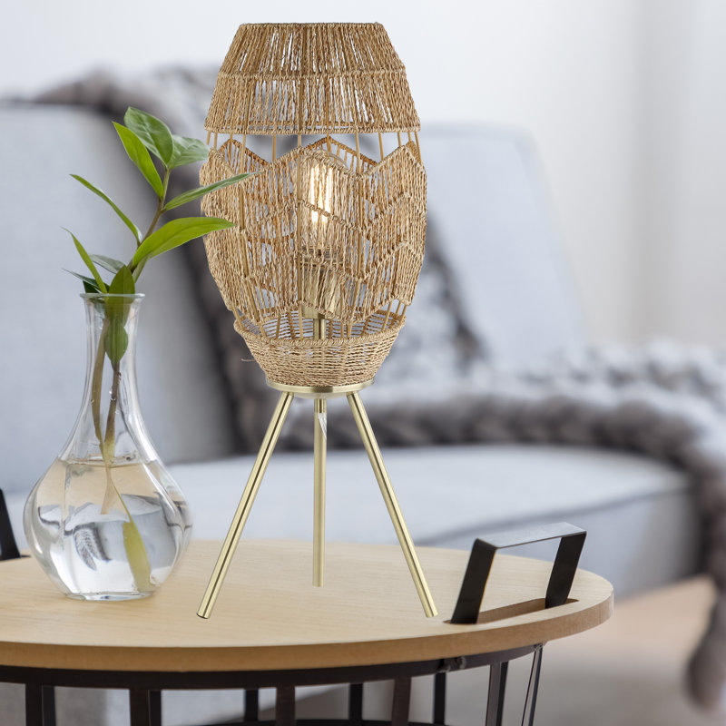 Lampe de table 23,5 "de haut avec abat-jour rond en corde de chanvre brun clair, Or