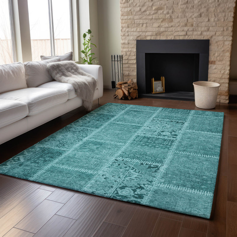 Tapis turquoise Cerrito lavable à la machine de qualité supérieure, Rectangulaire 8 pi x 10 pi