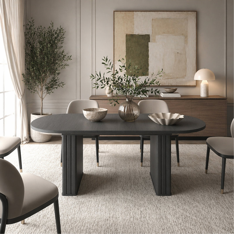 Table de salle à manger extensible pour 4 à 8 personnes, table de cuisine ovale avec base en bois pour salon familial (noir)