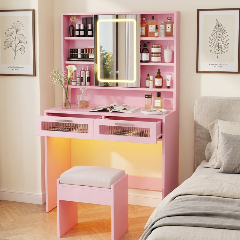 Meuble-lavabo 35,5 "avec lumières et miroir, petite station de maquillage avec tiroirs en acrylique, Rose