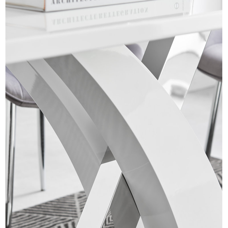 Edzard Chrome & White High Gloss Dining Table Set with 6 Luxury Faux Leather Dining Chairs, Cappuccino Beige