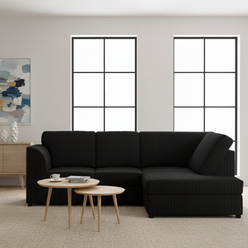 Jumbo Cord Hand Facing Corner Sofa With Footstool, Right Hand Facing, Black