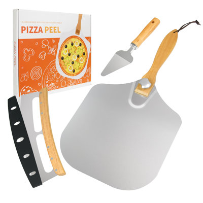 Pelle à pizza en aluminium 12 po x 14 po avec poignée en bois pliable - palette à pizza en métal 3-en-1, couteau à bascule et pelle en acier inoxydable, outils pour four à pizza pour la cuisson du pain fait maison