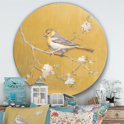 « doré oiseau on fleurs i », reproduction d’art sur cercle métallique
