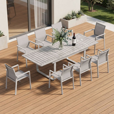 Ensemble de salle à manger extensible 9 pièces pour 8 personnes, table et chaises de patio en aluminium antirouille, ensemble de mobilier de jardin avec chaises empilables pour terrasse, pelouse, bord de piscine