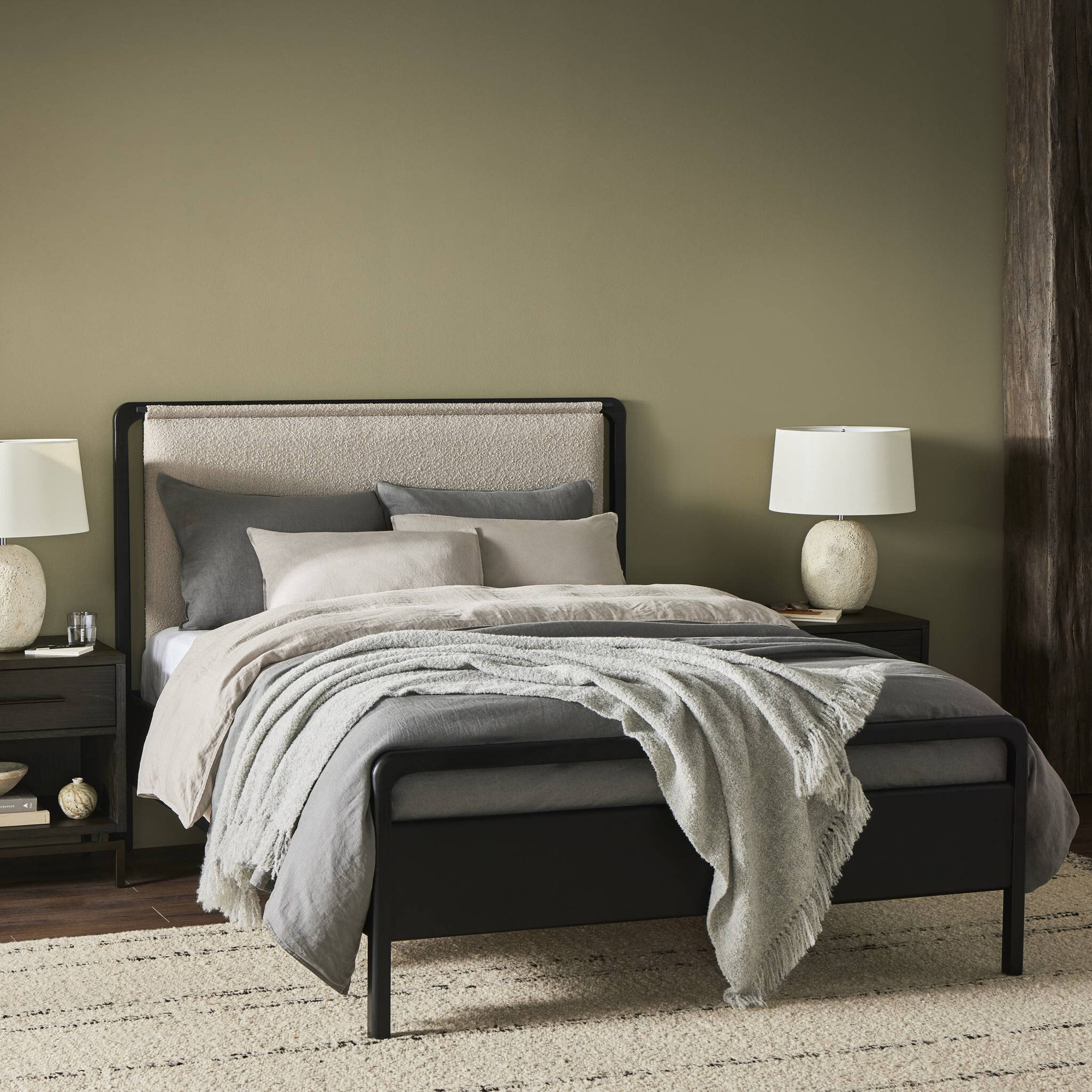 Karsten Upholstered Bed, Knoll Sand/Ebony Oak Veneer, King