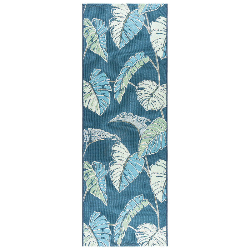 Reyn Spooner Kona Coast Kukui Blue/Green Tropical Leaf Indoor/Outdoor Flatweave Area Rug, Runner 2'1" x 6'