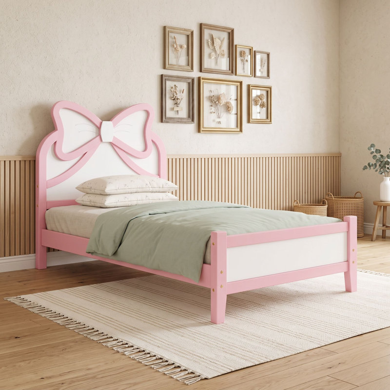 Cadre de lit plateforme en bois avec tête de lit, design discret, Lit simple, Blanc rose