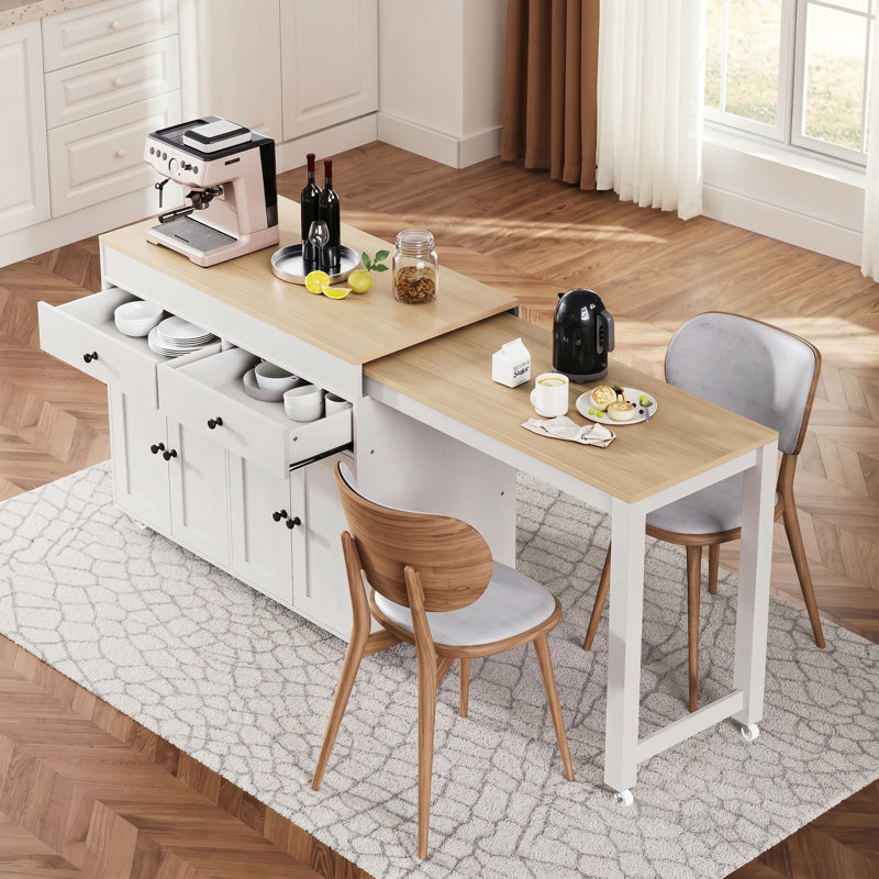 74.5 inch Kitchen Island with Extendable Dining Table , Rolling Kitchen Island on Wheels with Spice Rack and 2 Drawers, Kitchen Storage Cart with 4 Door Cabinet