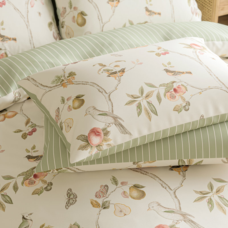 Fruit Aviary Cotton Floral Duvet Cover Set, Beige, Double Duvet Cover Set + 2 Pillowcases