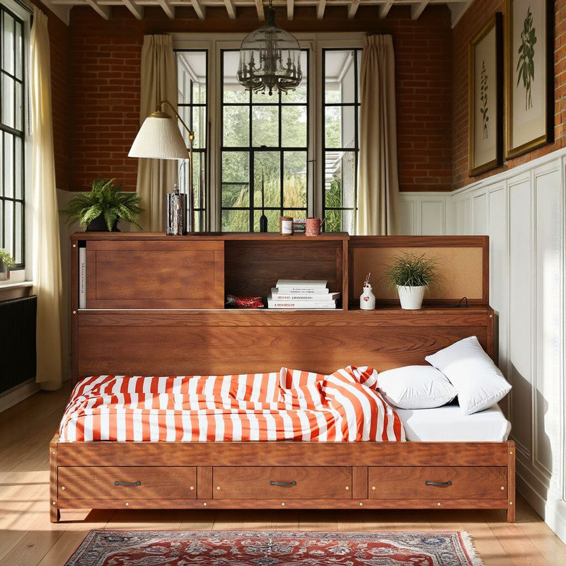 ??Full Size Wooden Daybed - 3 Drawers, USB Ports, Pushable Shelf, 350lb Capacity?, Twin, Brown
