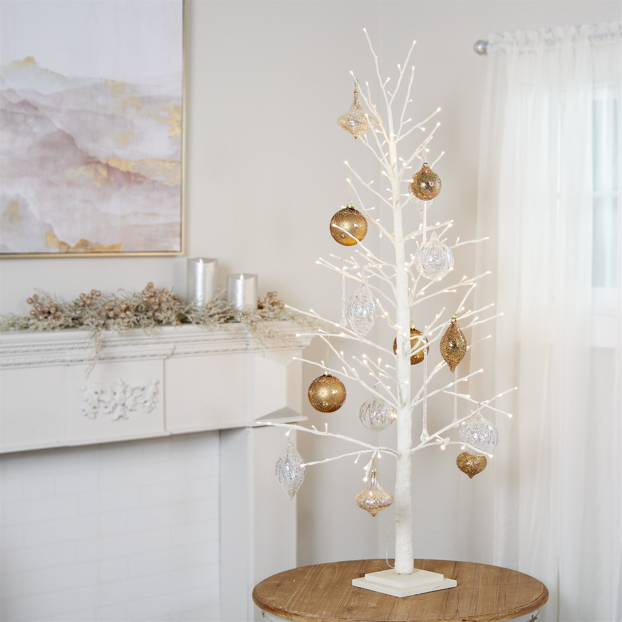 LED Glittered Twig Tree, White, 36" H x 17" W x 17" D