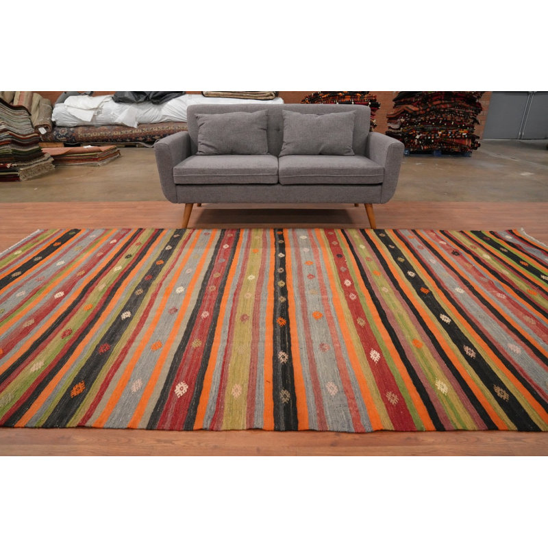 Tapis rustique à rayures Kilim 6 x 11 avec motifs dynamiques