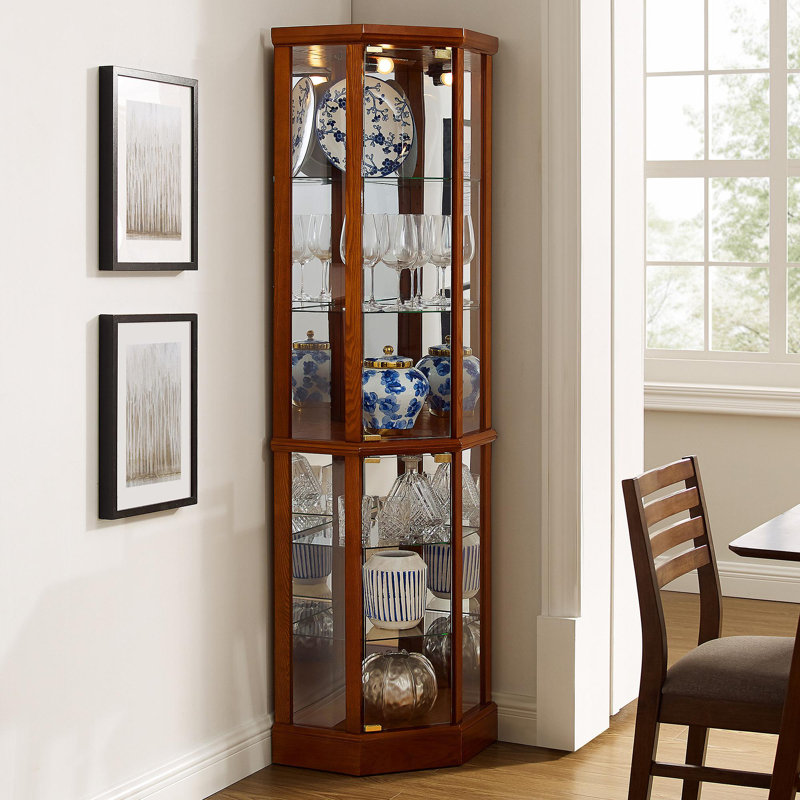 6 Shelf Lighted Corner Curio Cabinet With Adjustable Tempered Glass Shelves And Mirror Back, Oak(E26 Light Bulb Not Included)