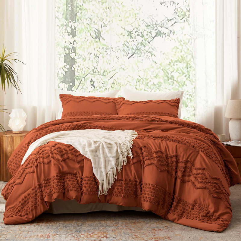 Ensemble d'édredon touffeté 3 pièces Boho Farmhouse, Édredon pour très grand lit + 2 taies décorativ, Terracotta