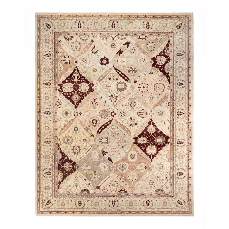Tapis unique noué à la main Hayner - ivoire / rouge / brun, 9 pi 4 po x 12 pi 1 po