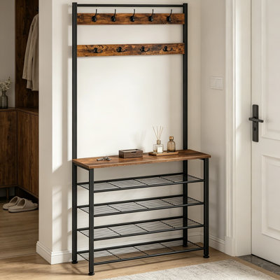 Arbre d'entrée avec banc et rangement pour chaussures à 5 niveaux, portemanteau avec 9 crochets pour le vestibule, placard, design industriel robuste, brun rustique et noir