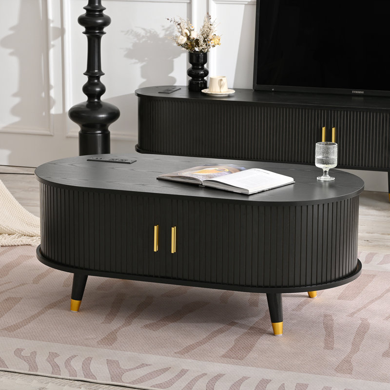 Coffee Table With Charging Station,Sliding Tambour Door & Storage, Black
