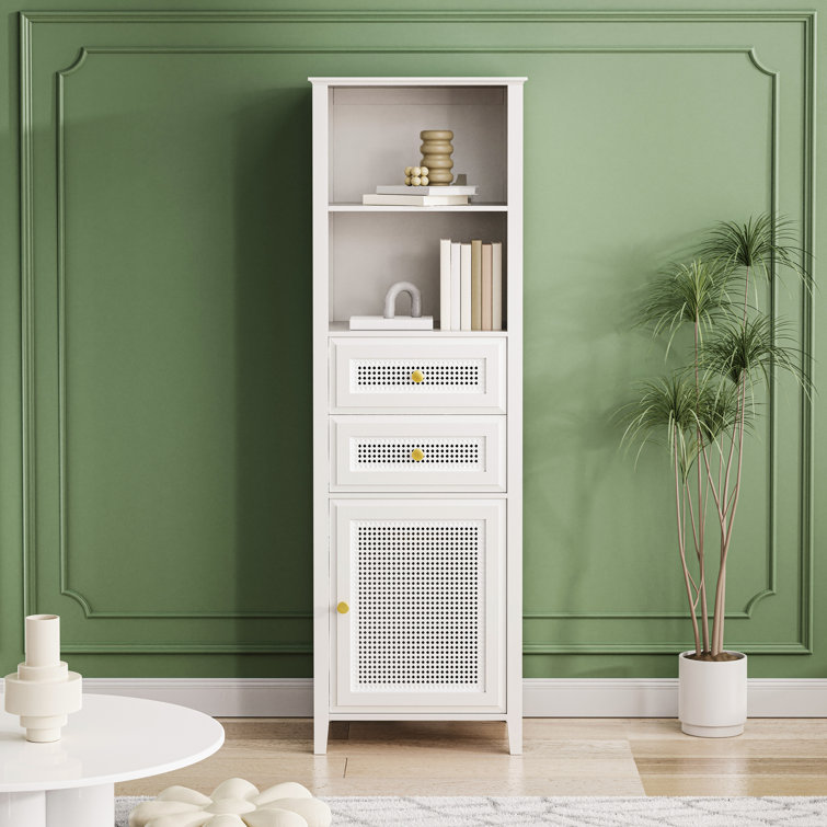 Boho White Slim Tall Cabinet With Rattan Door
