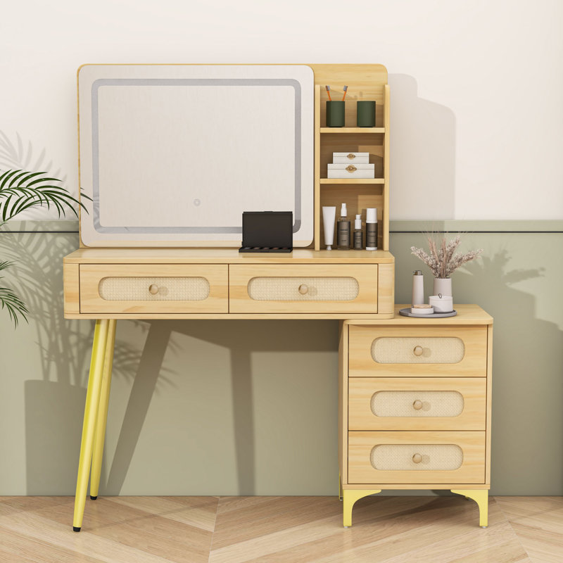 Bureau de maquillage avec miroir, lumières réglables, 5 tiroirs et tablettes de rangement, Noyer