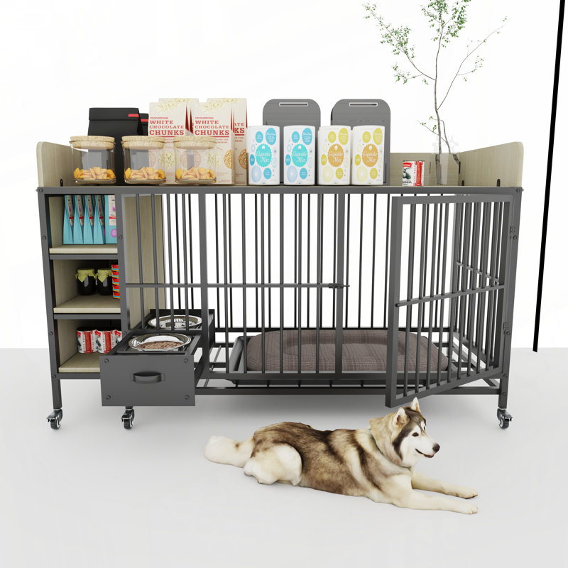 Grande cage pour animaux de compagnie avec support de rangement, tiroirs avec bac à nourriture et à eau en acier inoxydable, structure en fer et matériau en bois aggloméré, robuste, exquis et pratique (noir + beige)
