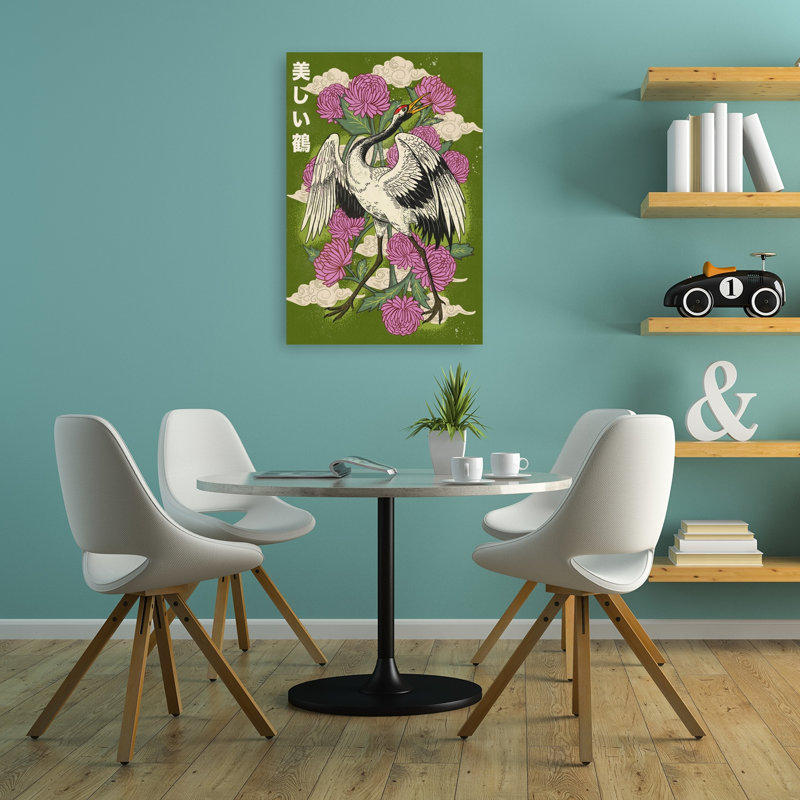 Japanese Crane Chrysanthemums Elegant Traditional Bird Chrysanthemum Flower Nature Wall Art Print 1 Piece Wrapped Canvas Wall Art