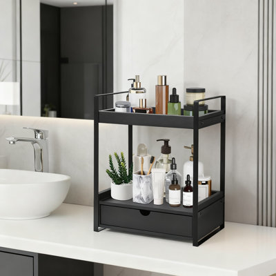Organisateur de comptoir à 2 niveaux avec tiroir, tablette de rangement en bois et en métal pour meuble-lavabo, cuisine, bureau, plateau décoratif multi-usages