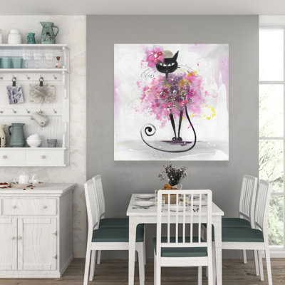 Caricature de chat avec des fleurs roses - toile décorative