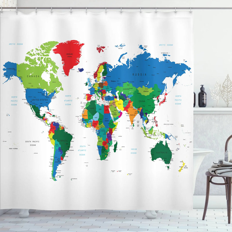 Ensemble de rideau de douche avec crochets World Map, H 84 po x l 69 po