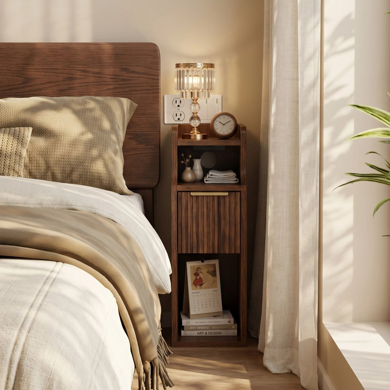Fluted Narrow Nightstand with Charging and Drawers