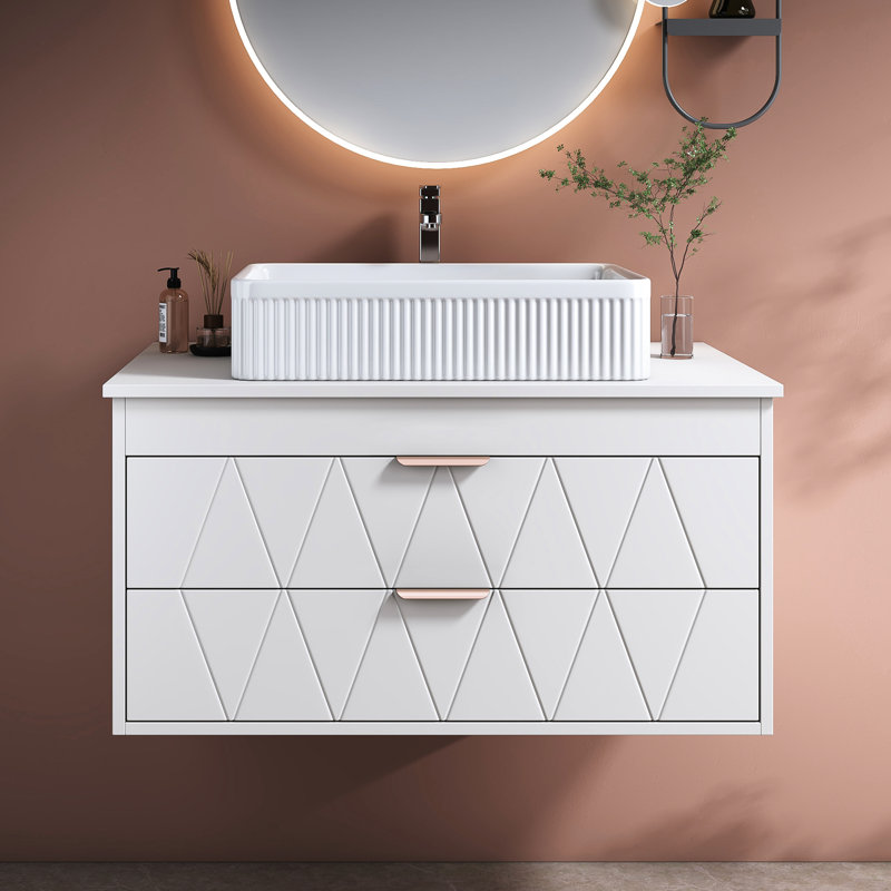 Meuble-lavabo flottant de 31,5 po avec lavabo en céramique, bois massif, tiroirs à losanges, poignées en or rose pour petit lavabo et rangement contemporain - poignées, élégance