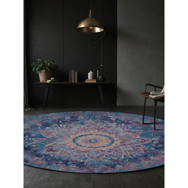 Tapis bleu soyeux et moelleux, Rond 3 pi