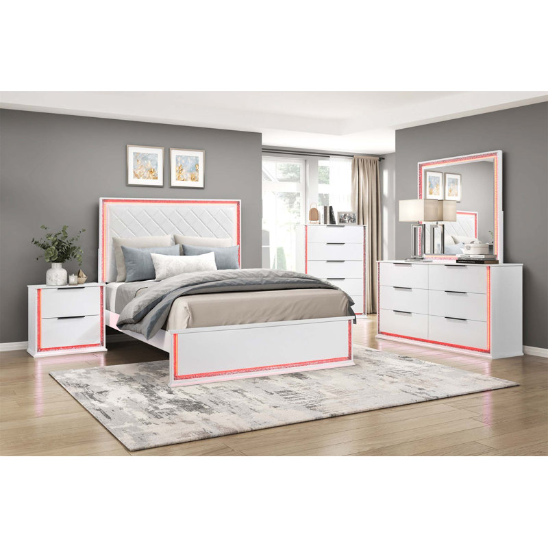 Table de chevet contemporaine au fini blanc glamour avec deux tiroirs et éclairage DEL, parfaite pour les chambres à coucher modernes