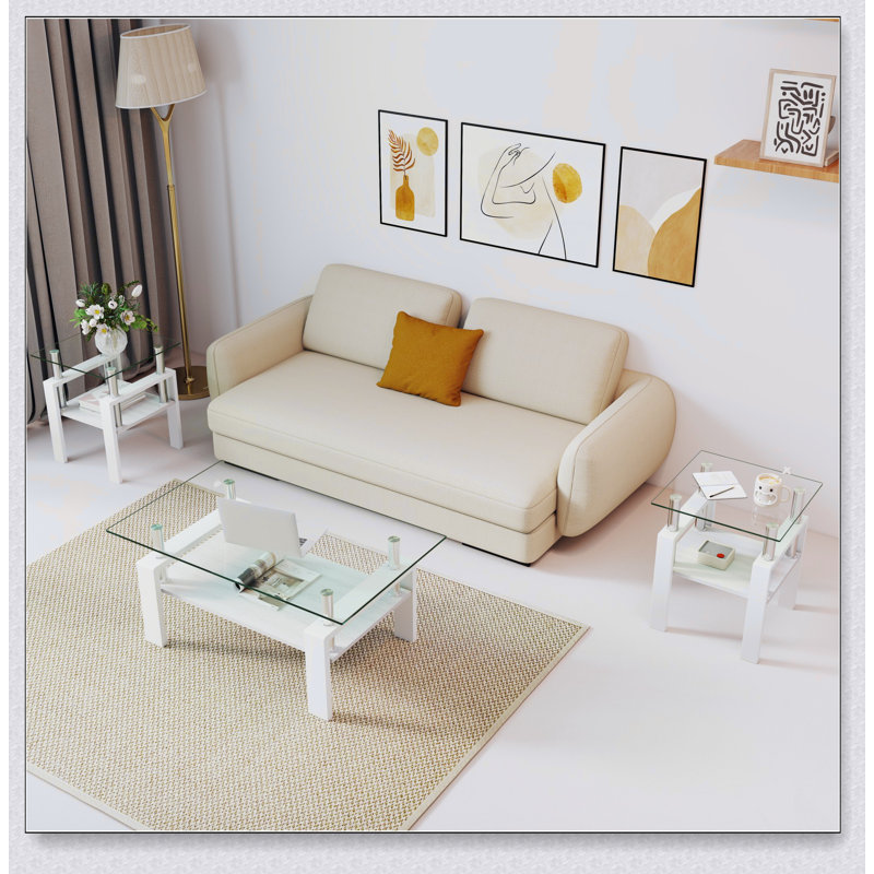 Ensemble de 2 tables à thé modernes en verre trempé, durables et élégantes avec couche de panneau de fibres à densité moyenne pour le salon