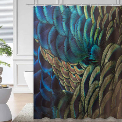 Beautiful Peacock Feathers Green Teal Shower Curtain with 12 Hooks