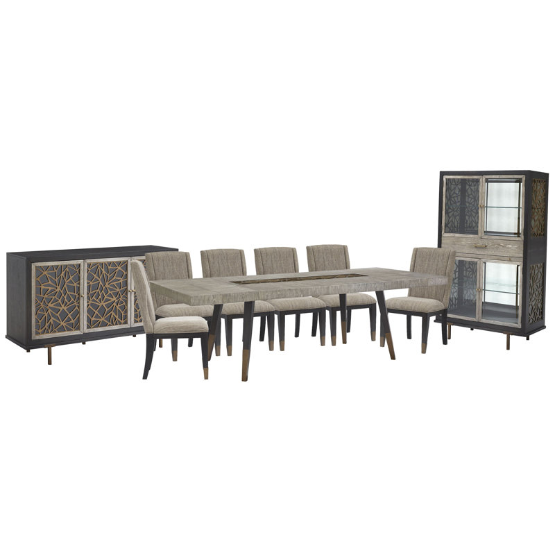 Rectangular Dining Table With 6 Host Chairs Server And Display Cabinet, 9 Pcs: Table, 6 Chairs, Server, Display Cabinet