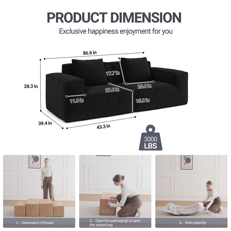 Le canapé modulaire peut être converti en un canapé-lit surdimensionné., 2, H 28,3 po x l 86,6 po x P 39,4 po, Noir